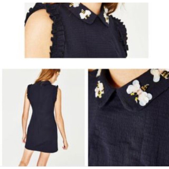 Zara Trafaluc Mini Dress Cotton Sz XS Blue Peter Pan Collar Shift Bee Beaded - Picture 2 of 15